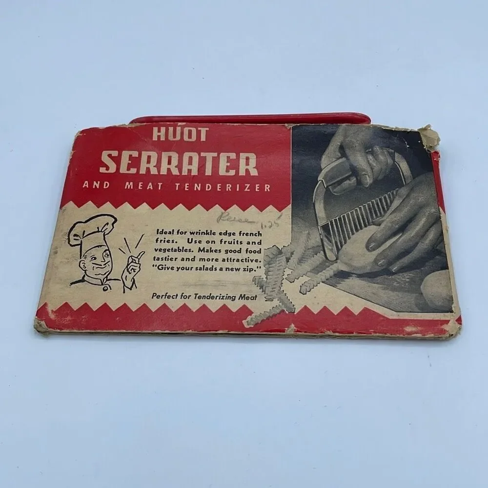 Vintage Huot Serrater and meat tenderizer in original packaging.